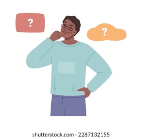 Selecting correct answer or option, isolated male character with bubble boxes and question mark. Choice or decision making process. Vector in flat cartoon illustration