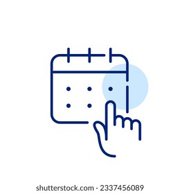 Seleccionar una fecha para una cita. Pulsando el dedo en el calendario. Icono perfecto de píxeles