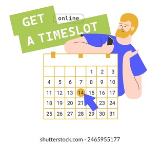 Selecting a date for an online meeting with a client or colleague, or an appointment with a doctor. Monthly planning, organization, management. A guy with a smartphone chooses a date. Vector flat