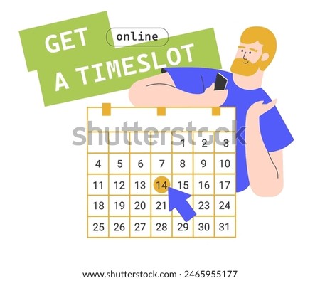 Selecting a date for an online meeting with a client or colleague, or an appointment with a doctor. Monthly planning, organization, management. A guy with a smartphone chooses a date. Vector flat