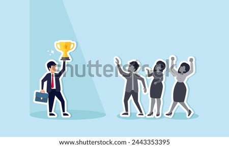 Selecting the finest talent for the job, acknowledging hard work and valuing visible skills, concept of Confident businessman holding trophy with colleagues under spotlight