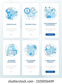 Selecting good pricing strategy blue onboarding mobile app screen set. Walkthrough 3 steps graphic instructions pages with linear concepts. UI, UX, GUI template. Myriad Pro-Bold, Regular fonts used