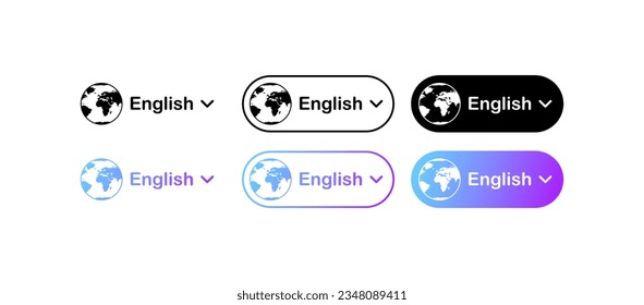 Selecting the language of the icon. Different styles, color, English language, language selection drop-down menu. Vector icons