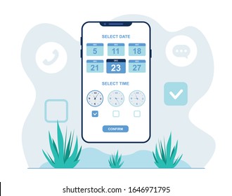 Selecting Meeting Time And Date Flat Illustration. Mobile App For Automated Scheduling Appointments. Cartoon Interface With Available Days And Hours. Remote Appointment Confirmation Digital Software