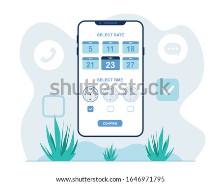 Selecting Meeting Time and Date Flat Illustration. Mobile App for Automated Scheduling Appointments. Cartoon Interface with Available Days and Hours. Remote Appointment Confirmation Digital Software