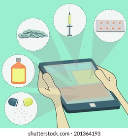 Selecting remedies surfing on tablet: pills, syringe, drug. Surfing on tablet.