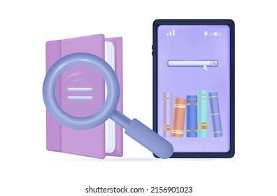 Selecting or searching for e-books on the smartphone screen in the online library. Vector banner 3d. Concept distance education, learning, study of electronic books. Research, storage of the archive.