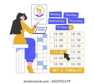Seleccionar un intervalo de tiempo en el calendario. Hacer una cita con un cliente, estudiante, candidato a un trabajo. Colegas en una llamada en línea uno a uno. Programación. Ilustración plana de Vector.