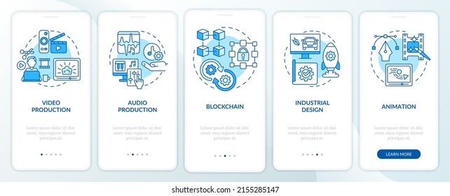 Selección de las mejores habilidades para la pantalla de aplicación móvil onboard azul freelancer. Recorrido 5 pasos de páginas de instrucciones gráficas con conceptos lineales. UI, UX, plantilla GUI. Multitud de tipos de letra Pro-Bold, con uso regular