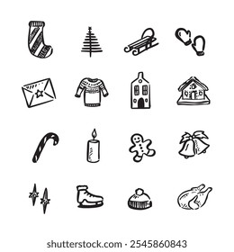 A selection of 16 simple Christmas illustration vectors in black and white. Including a stocking, Christmas tree, sledge, mittens, envelope, jumper, house, gingerbread house, candy cane and more.