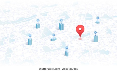 Selection, 3d buildings, houses, offices for rent or purchase. Navigate isometric city map, exploring nearby available properties, potential choices. Concept of property valuation. Vector illustration