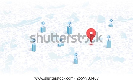 Selection, 3d buildings, houses, offices for rent or purchase. Navigate isometric city map, exploring nearby available properties, potential choices. Concept of property valuation. Vector illustration