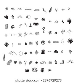 A selection of 75 boho black shapes of various natural iconic symbols. Supplied in individual files. Featuring coral, mountains, leaves, rainbows and other simple sleek abstract shapes.