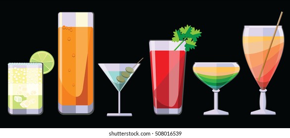 A selection of alcoholic beverages,Horizontal  pattern,Cocktail party, on a black background. Vector illustration.
