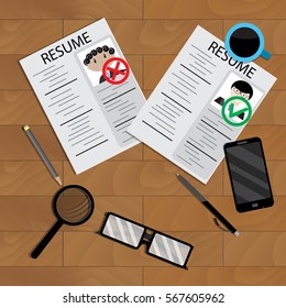 Selection and analysis on work of candidate. Search and choice resume, business recruitment on table. Vector illustration