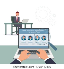 Selection and Assessment Specialists. Men at Table with Laptop. Open Vacancy. Search Candidate Position. Vector Illustration. HR Manager. Recruitment Agency. Search and Review Resume. Hands on Laptop.