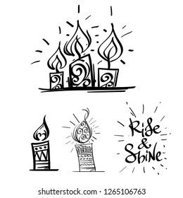 A selection of beautiful festive candles with patterns, a place for an inscription. Vector black and white drawing.