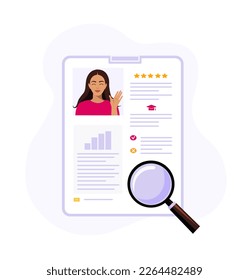 Selección del mejor candidato para el puesto. С currículum del candidato. proceso de contratación. El concepto de gestión de los recursos humanos y contratación. Ilustración vectorial plana