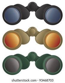 A selection of binoculars in black, tan and green colors.