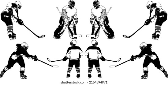 A selection of black and white vector images of players of the hockey team in uniform