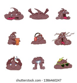 a selection of bright poop characters on a white background emotions