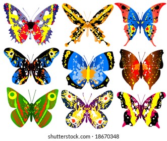 Selection of brightly colored editable vector generic butterflies