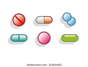 A selection of brightly colored pills with shine and drop shadows.