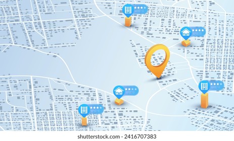 Selection, buildings, houses, offices for rent or purchase. Navigate isometric city map, exploring nearby available properties, potential choices. Concept of property valuation. Vector illustration