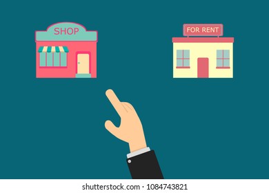 Selection of business opportunities for a local establishment, put it for rent or turn it into a store. The businessman chooses one pointing with his finger.