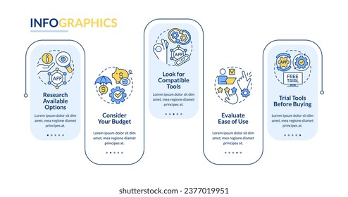 Selection business tools advices rectangle infographic template. Data visualization with 5 steps. Editable timeline info chart. Workflow layout with line icons. Lato Bold, Regular fonts used