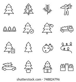 Selection and buying christmas trees, set icons. Delivery and installation of a New Year tree. Line with editable stroke