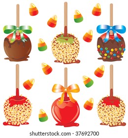 Selection of candy apples isolated on white with candy corn