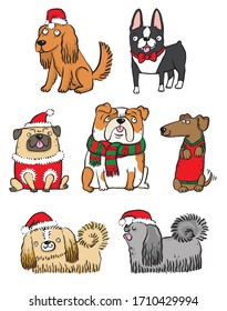 A selection of cartoon dogs dressed in Christmas outfits. Vector Illustration. 