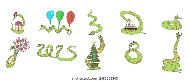 selection of characters snakes cartoon style different situations. vector stock image