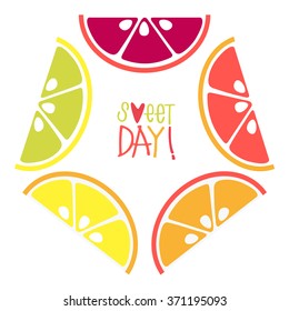 A selection of citrus fruits slices arranged into a shape pentagon. Funny bright illustration with lemon, mandarin, orange, grapefruit and lime in vector. Poster background. Set flat icons of food