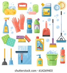 Selection of cleaning supplies tools accessories flat icons set with rubber gloves sponge brushes detergents vector illustration 