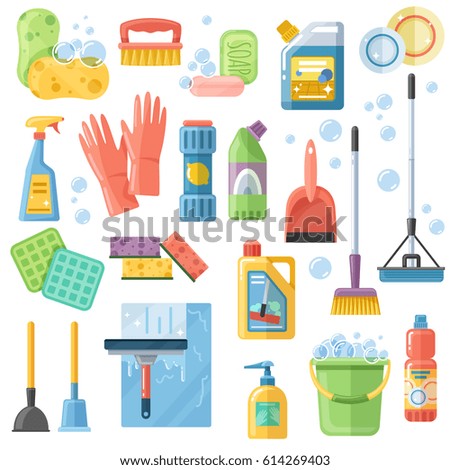 Selection of cleaning supplies tools accessories flat icons set with rubber gloves sponge brushes detergents vector illustration 
