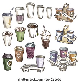 selection of coffee takeaway cups and carrier trays. Packaging. 