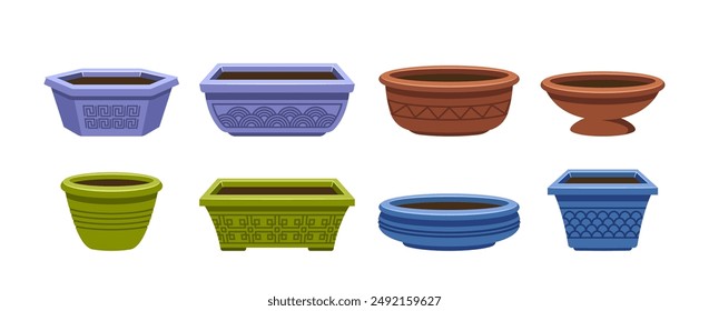 Selection Of Colorful Cartoon Vector Bonsai Tree Pots In A Variety Of Shapes And Designs, For Gardening Enthusiasts