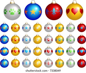 Selection of colorful Christmas ornaments. File includes several combinations of design and color.