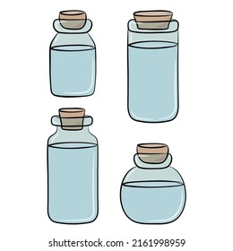 A selection of colorful glass jars with liquid inside, outlined in black. The jar is closed with a cork stopper. Vector illustration.