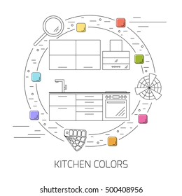 Selection of colors for the kitchen. Symbols arranged in circles. Design concept. Line style.