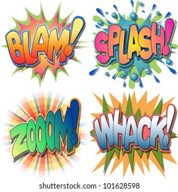 A Selection Of Comic Book Exclamations And Action Words,Blam, Splash,Zoom, Whack