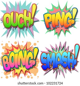 A Selection of Comic Book Exclamations and Action Words, Ouch, Ping, Boing, Smash