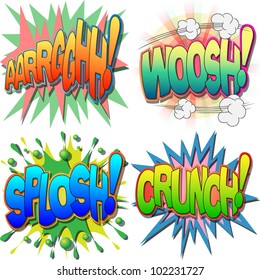 A Selection Of Comic Book Exclamations And Action Words, Argh, Woosh, Splosh, Crunch