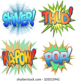 A Selection Of Comic Book Exclamations And Action Words, Shiver, Thud, Ka-pow, Pop.