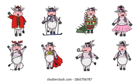 a selection of cows in New Year's fancy dress. vector doodle illustration