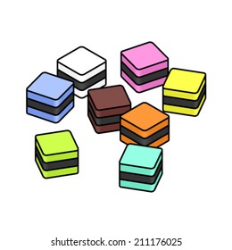 A selection of cubic / square colourful liquorice / licorice all-sorts. Individual pieces; can be rearranged.