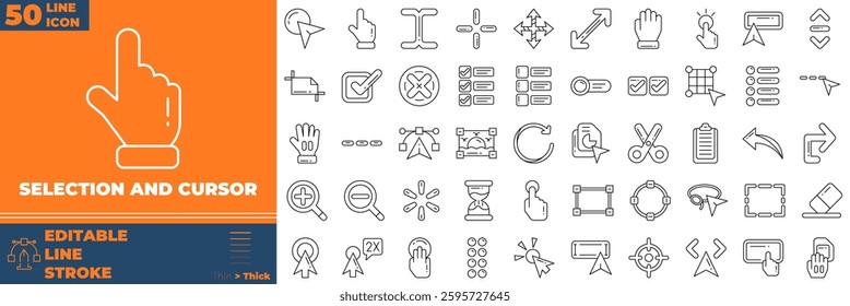 Selection And Cursor icon set. Containing click, cursor, arrow,and more. Line vector icons collection.