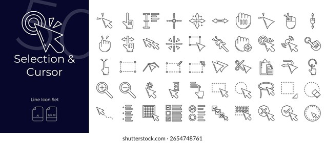 Seleção E Linha Do Cursor Ícones Editáveis Definidos. Ilustração vetorial em estilo de linha fina moderna de seleção e ícones de cursor: cursor, ponteiro, etc